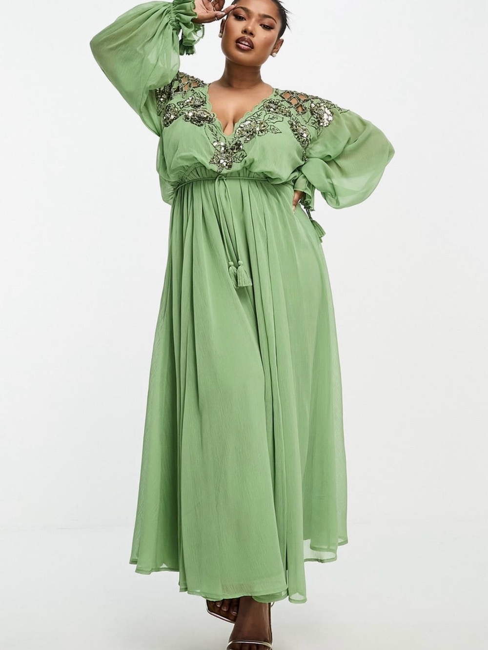 ASOS Sage Green Embellished Long Sleeve Maxi Dress